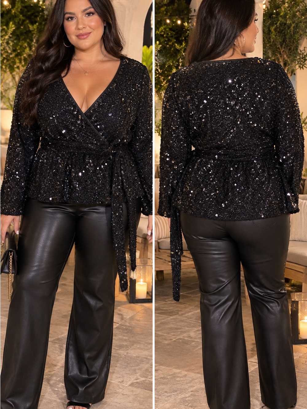 SHEIN Black Sequin Wrap Top with Faux Leather Wide-Leg Pants